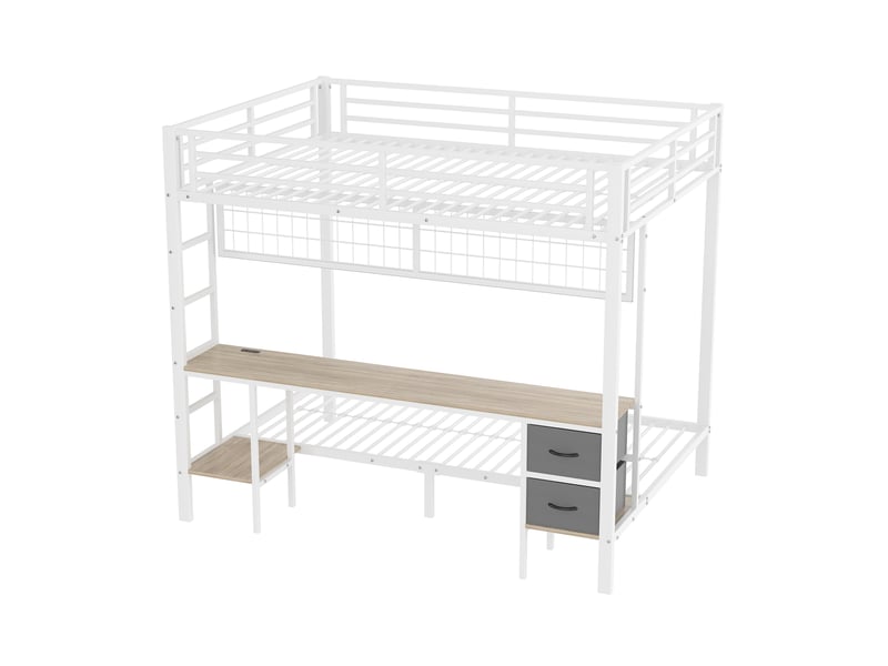 Lit mezzanine blanc 90/140x200 cm avec bureau, tiroirs, led 7 couleurs et usb - Conforama E