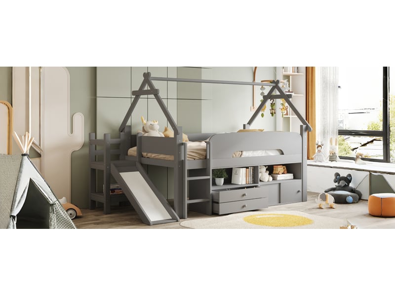 Lit mezzanine enfant 90x200 cm avec toboggan, rangements, toit, bois et mdf, gris sans matelas - Conforama D