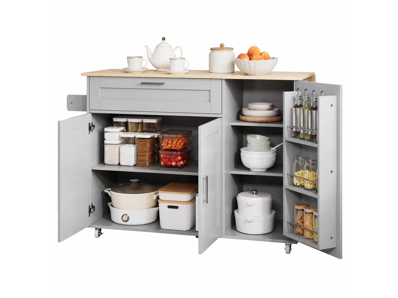  Desserte de cuisine 132,5 x 44 x 90 cm grise en mdf, plateau pliant, rangements réglables sur roulettes  - Conforama A