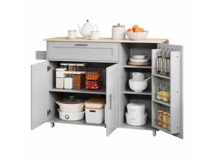Desserte de cuisine 132,5 x 44 x 90 cm grise en mdf, plateau pliant, rangements réglables sur roulettes