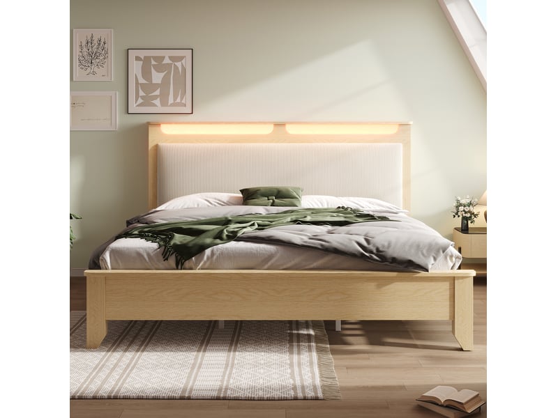 Lit coffre 160 × 200 cm 2 places avec led, étagères et rangement, matelas inclus, en bois et velours côtelé beige - Conforama C