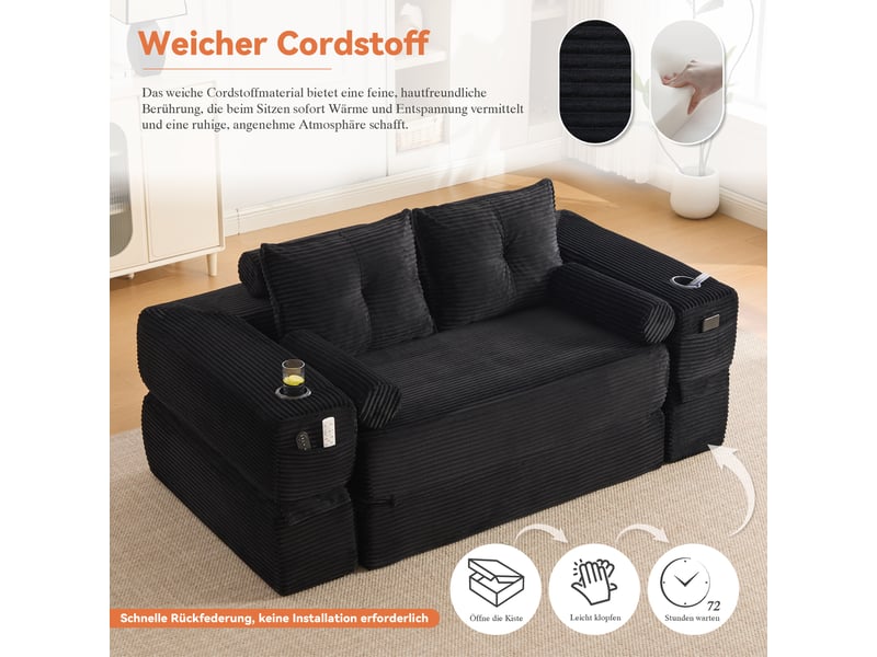 Canapé droit convertible 2 places en velours côtelé noir 180 x 98 x 80 cm, avec poches, porte-gobelet et coussins, salon 180x98x80cm - Conforama R