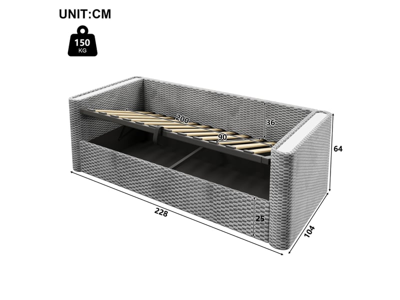 Lit enfant 90 x 200 cm avec rangement led multicolore pilotable moderne confort tissu velours gris sans matelas  - Conforama C