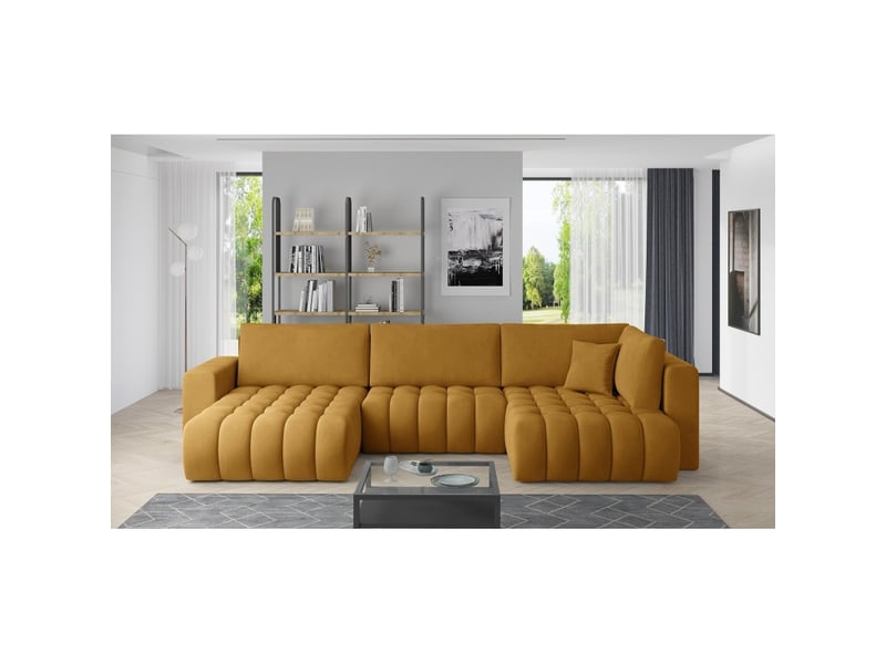  Canapé d'angle bonita convertible 6 places jaune orangé tissu – gauche – 350x175cm  - Conforama B