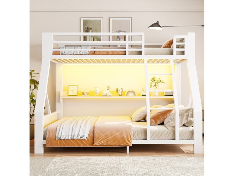  Lit superposé 90x200 et 140x200 cm avec éclairage led et rangement, blanc  - Conforama D