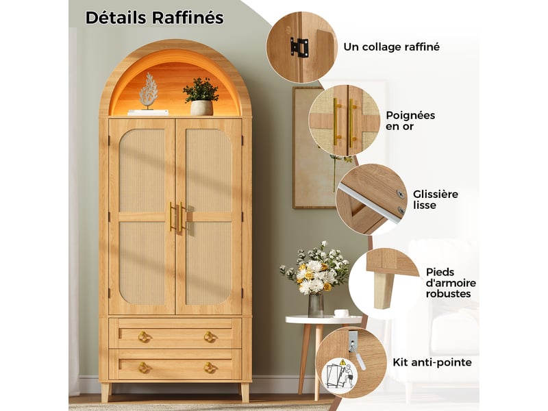 Buffet haut naturel 2 portes 2 tiroirs avec led intégrée, niche voûtée et décor rotin, 76 x 40 x 179,5 cm pour salon, chambre ou bureau - Conforama E
