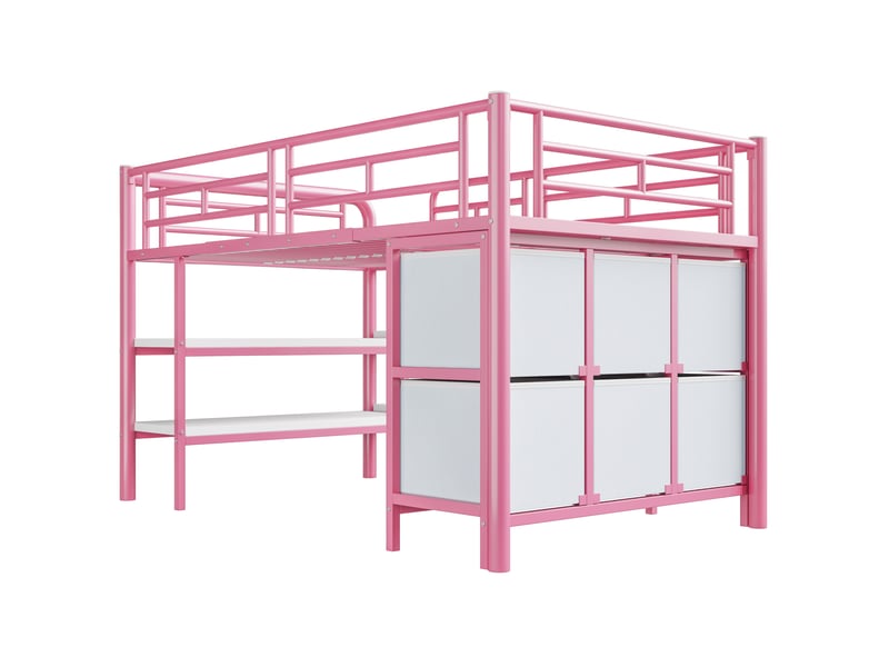  Lit mezzanine enfant métal rose 90x200 cm, escalier large, tiroirs et étagères de rangement  - Conforama D