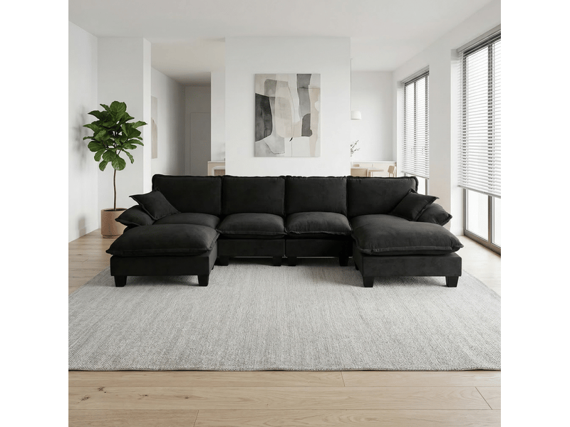  Canapé d'angle panoramique modulable 6 places en chenille noir avec ottomane mobile  - Conforama C