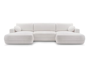 Canapé d'angle panoramique convertible <strong>AX LIVING </strong> <strong>Peoni</strong> 5 places Velours blanc avec coffre de rangement