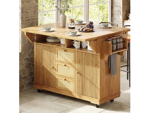 Desserte de cuisine pliable 142.5x80x95 cm avec 3 tiroirs et 2 portes, coloris bois naturel