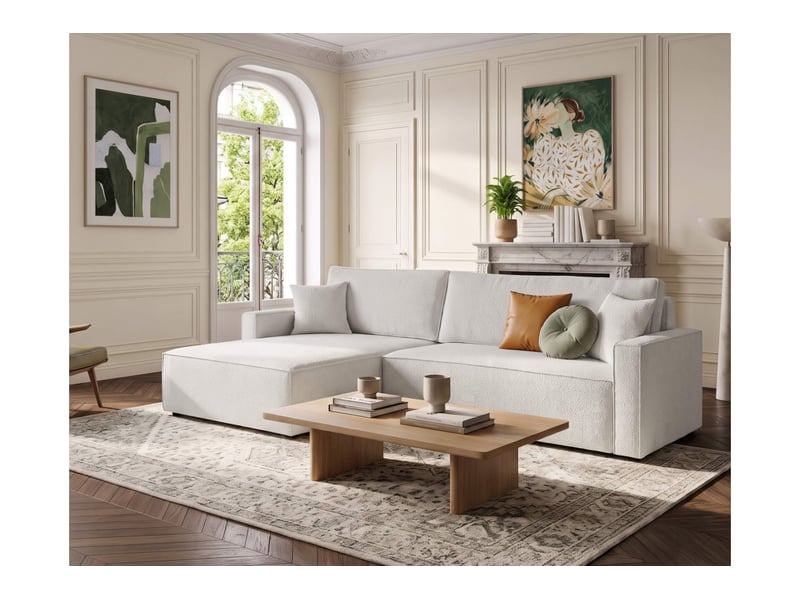Farah - canapé d'angle max réversible et convertible 5 places accoudoirs slim en tissu bouclettes texturées - Conforama B