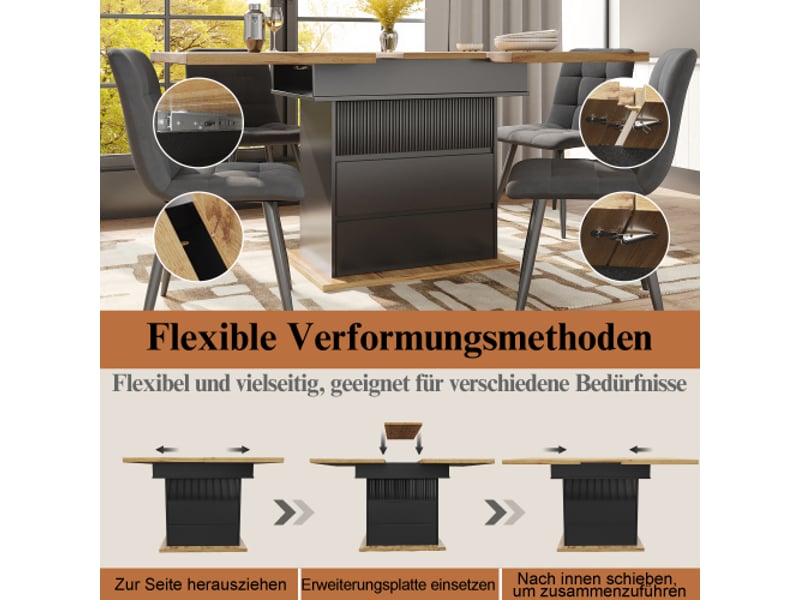 Table à manger extensible, 110-140 × 80 cm, table de cuisine pour 4 à 6 personnes, avec trois niveaux de rangement, noir - Conforama E
