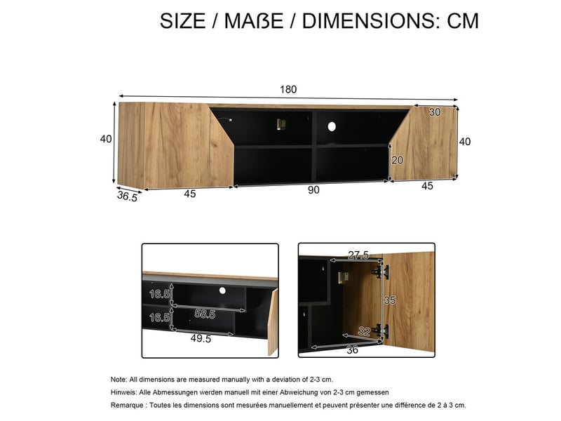 Meuble tv mural, 180 x 36,5 x 40 cm, noir et finition bois, meuble suspendu avec 2 portes au design géométrique, 6 espaces de rangement  - Conforama C