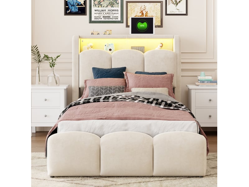 Lit enfant 90x200 cm avec rangement hydraulique et led métal mdf beige sans matelas - Conforama C