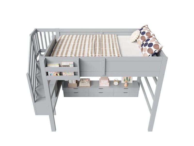  Lit mezzanine en bois 140x200 cm - avec 6 tiroirs, escalier de rangement et barrières de sécurité - mdf - gris (sans matelas)  - Conforama A