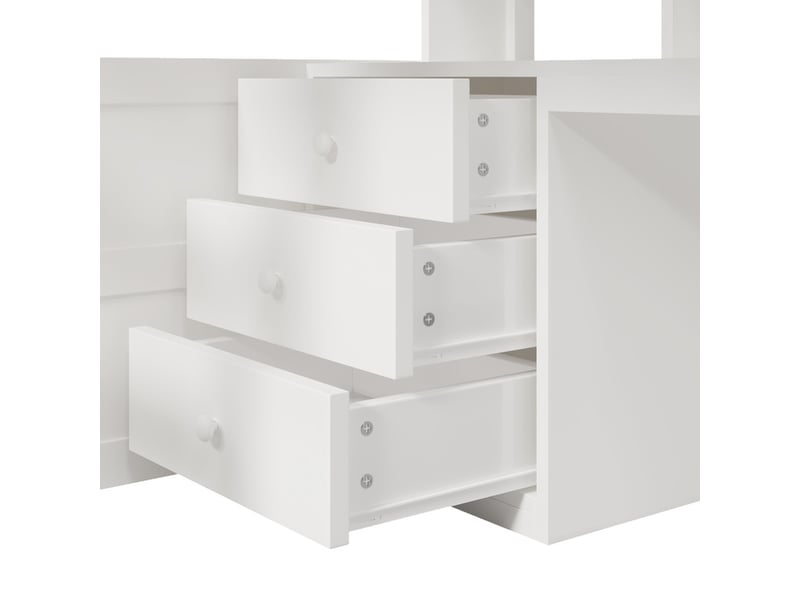  Lit superposé 140x200 cm, avec éclairage led, armoire, bureau, tiroirs, compartiments de rangement, blanc  - Conforama E