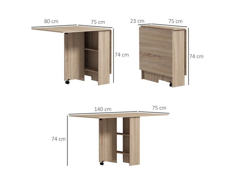  Table à manger pliante mobile sur roulettes 2 plateaux rabattables et 2 étagères intégrées 140 x 80 x 74 cm naturel  - Conforama E