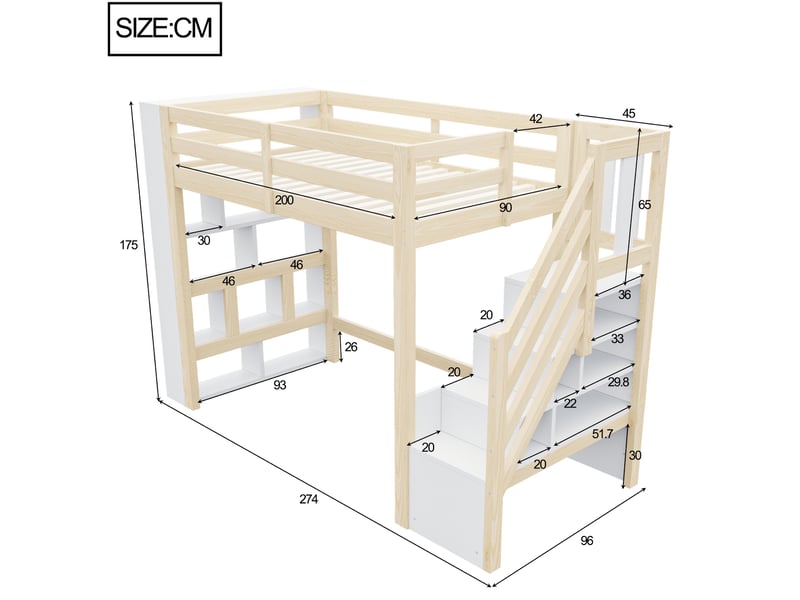  Lit mezzanine enfant 90x200 cm blanc et naturel bois, rangements, escalier et éclairage led intégré  - Conforama C