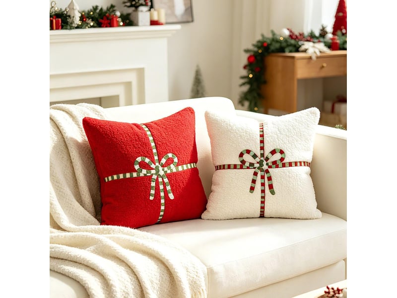  Lot de 2 housses de coussin noël 45 x 45 cm, blanc doux avec motif nœud cadeau, décoration canapé salon, blanc  - Conforama C