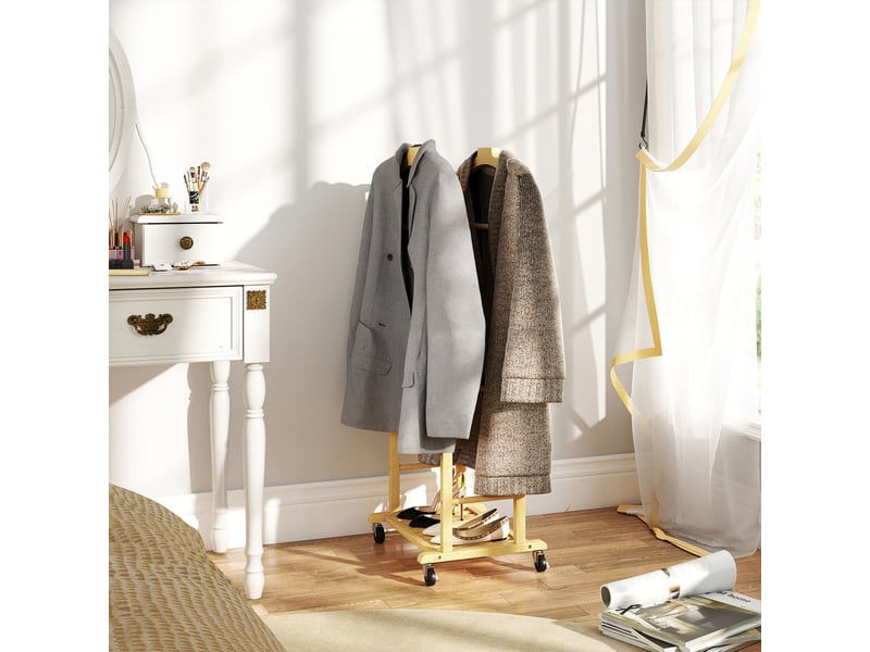  Valet de chambre 4 en 1 en bambou avec roulettes, 2 barres, plateau vide et étagère à chaussures, 47 x 33,7 x 105,5 cm  - Conforama D