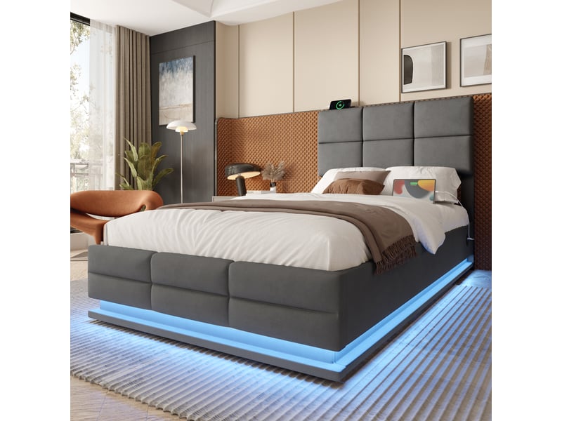 Lit coffre enfant 90x200cm avec led, rangement, tête réglable, charge, velours gris, sans matelas - Conforama W