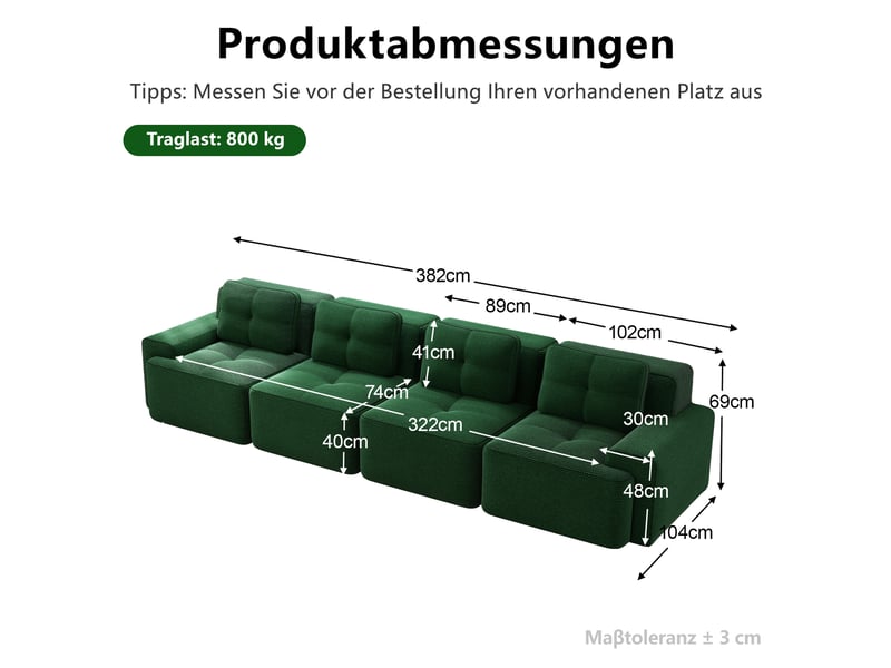 Canapé modulable 4 places sans structure,382x104x69cm,canapé à compression en velours côtelé,assise profonde et rembourrage haute densité 32d - vert - Conforama C