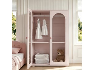 Armoire penderie 80x50x120 cm rose bébé en acrylique et mdf, 2 portes transparentes pour chambre enfant