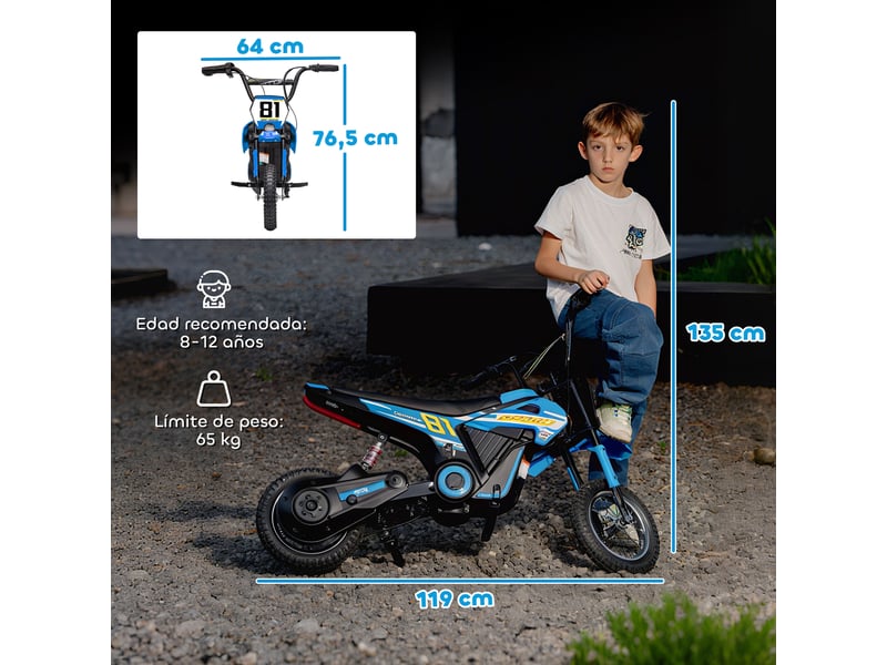  Moto électrique 24 v pour enfants, moteur 250 w, vitesse de 6 à 16 kmh, roues de 12 pouces, pour les enfants de 8 à 12 ans, bleue  - Conforama E