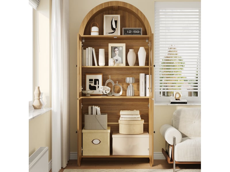  Buffet haut 78x40x176 cm avec vitrine à portes vitrées et rangement fermé, naturel  - Conforama D