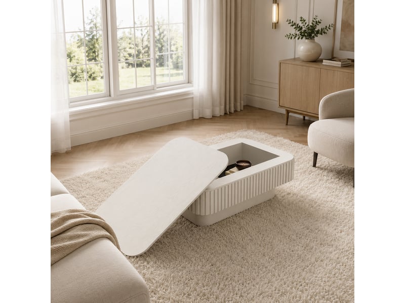 Table basse rectangulaire 98 cm beige en mdf plaqué bois, rangement caché à couvercle amovible pour le salon - Conforama E