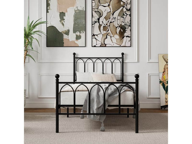  Lit simple 90 × 200 cm avec sommier à lattes, sans matelas, en métal, noir pour chambre d'adolescent  - Conforama D