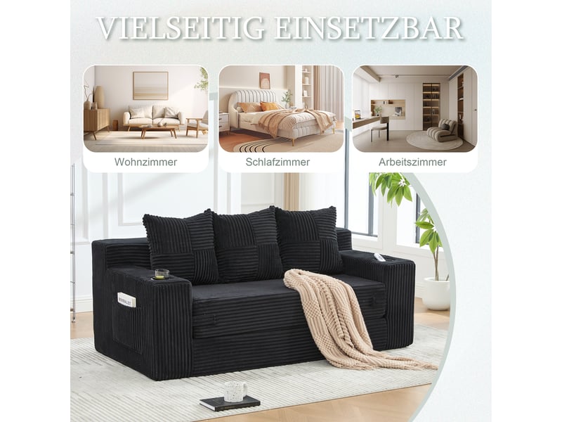 Canapé 2 places convertible en velours côtelé, porte-gobelets, poches latérales, modulaire sans montage - Conforama E