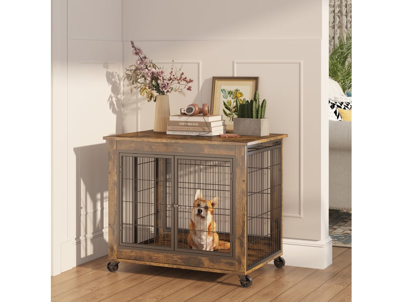 Cage d'intérieur chats et chiens 80x56x69,5 cm – marron vintage et noir – roulettes verrouillables - Conforama B