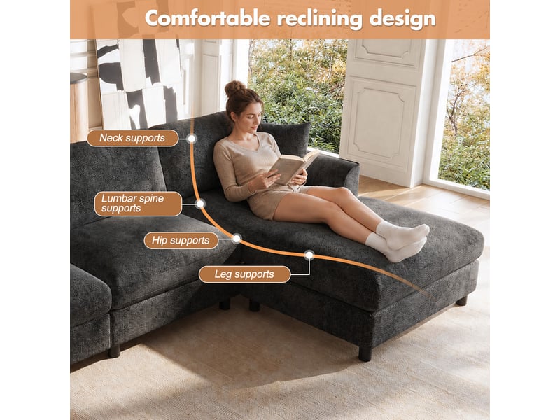 Canapé d'angle 3 places forme nuage, méridienne réversible, couchage 90cm, modulaire multifonctionnel, 256x137x79 cm, gris - Conforama E