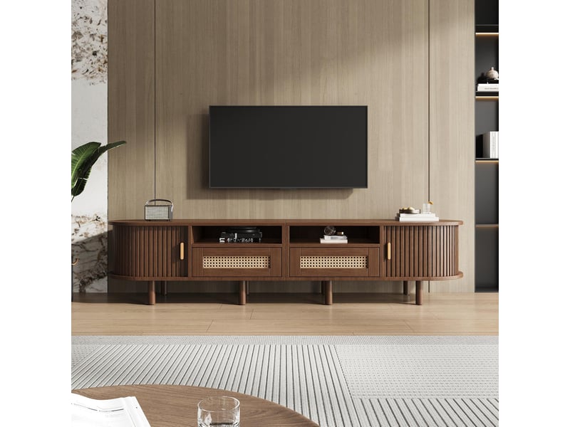  Meuble tv ovale avec tiroirs en rotin et portes mdf coloris noyer 170x40x40 cm - pangivo  - Conforama B