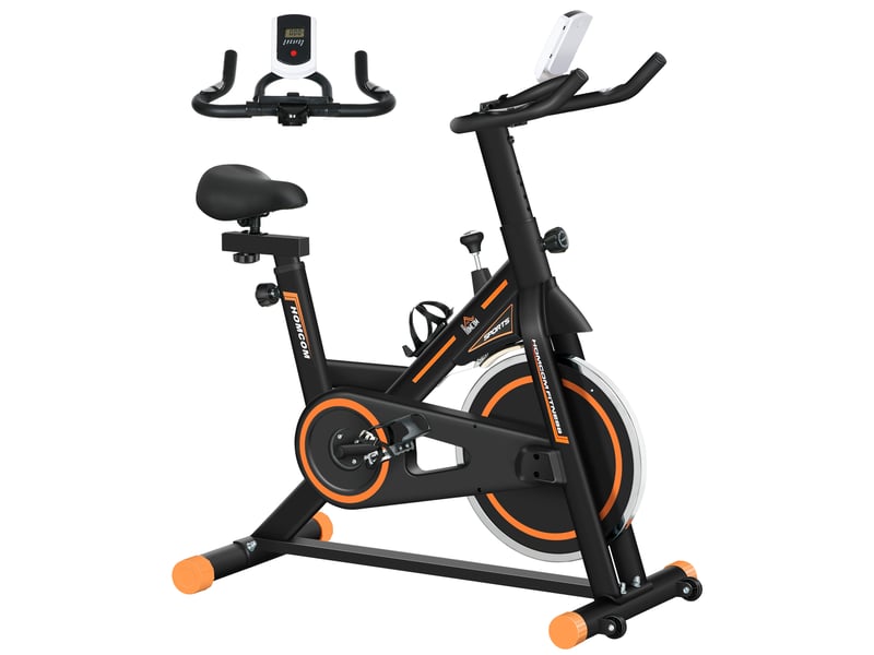 Vélo d'appartement avec volant d'inertie de 8 kg, écran lcd, moniteur de fréquence cardiaque, selle et guidon réglables, 103 x 48 x 115 cm, orange - Conforama A