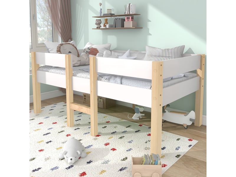  Lit enfant 90 x 190 cm, cadre de lit simple, échelle, barrières de sécurité, sommier à lattes inclus, 1 place, bois massif, blanc Morn Vibe - Conforama D