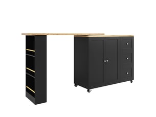 Îlot de cuisine pivotant 203x39x106 cm à roulettes 3 tiroirs mdf noir