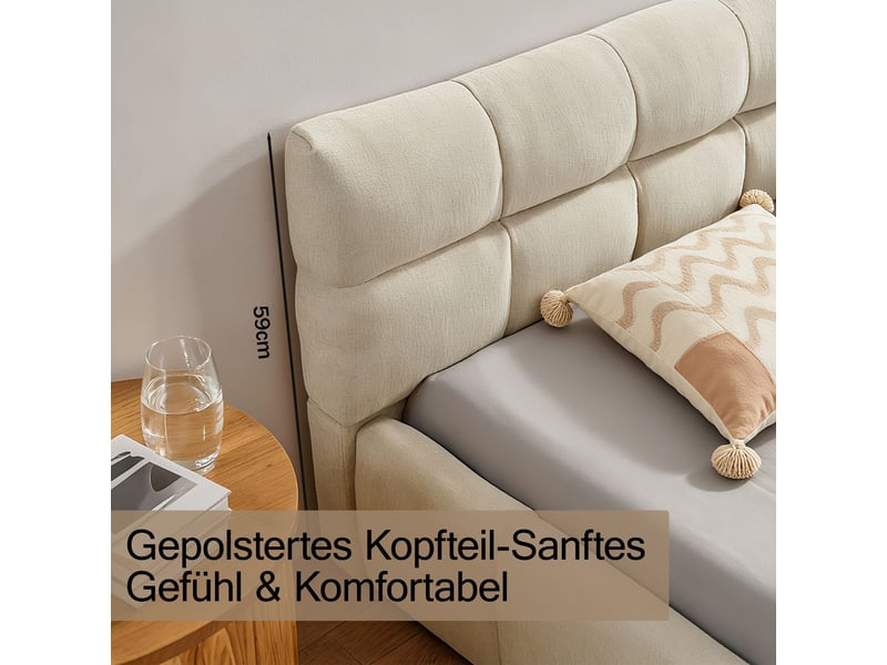 Lit une place 90x200, housse en chenille, lit enfant ,cadre en bois d'eucalyptus et fer, design plissé unique  - Conforama E