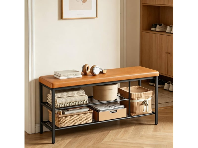 Porte chaussures 100x30x50 cm avec assise en similicuir noir et marron  - Conforama B