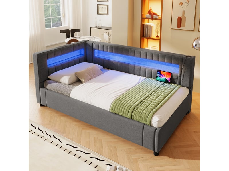  Lit coffre jeune, 90x200 cm, lit avec rangement, lit de jour avec éclairage led, connectique usb c, lin, coloris gris  - Conforama B
