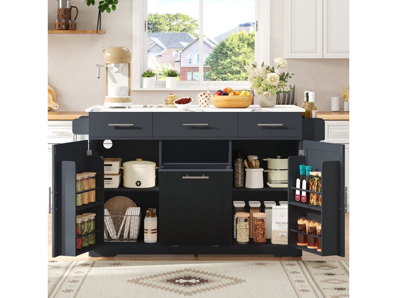  Desserte de cuisine à roulettes avec 3 tiroirs, rangements de porte, poubelle et prises, en mdf gris, 136 × 75 × 92 cm  - Conforama D