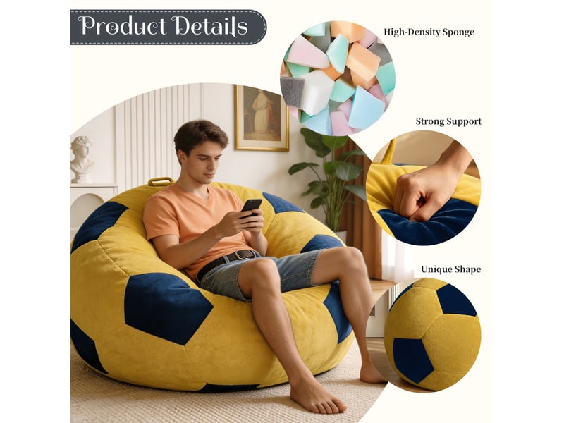  Fauteuil pouf rond pour adultes et adolescents, garnissage moelleux à mémoire de forme en flanelle bleu et jaune  - Conforama E