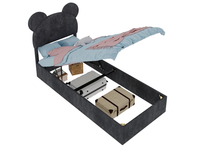 Lit rembourré moderne 90x200 cm avec tête de lit cartoon coffre hydraulique velours chambre enfant, sans matelas, gris - Conforama R