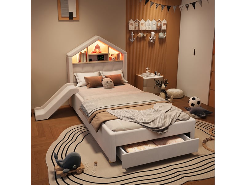  Lit enfant 90x200 avec toboggan réversible, led et rangement homvra  - Conforama C