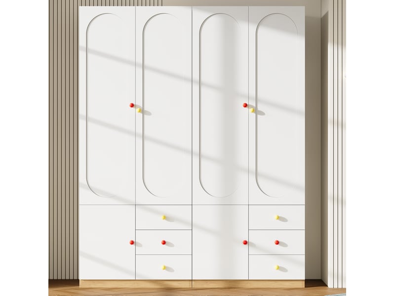 Lot de 2 armoires 2 portes avec tiroirs et tringle à vêtements, mdf blanc laqué, poignées en céramique - Conforama D
