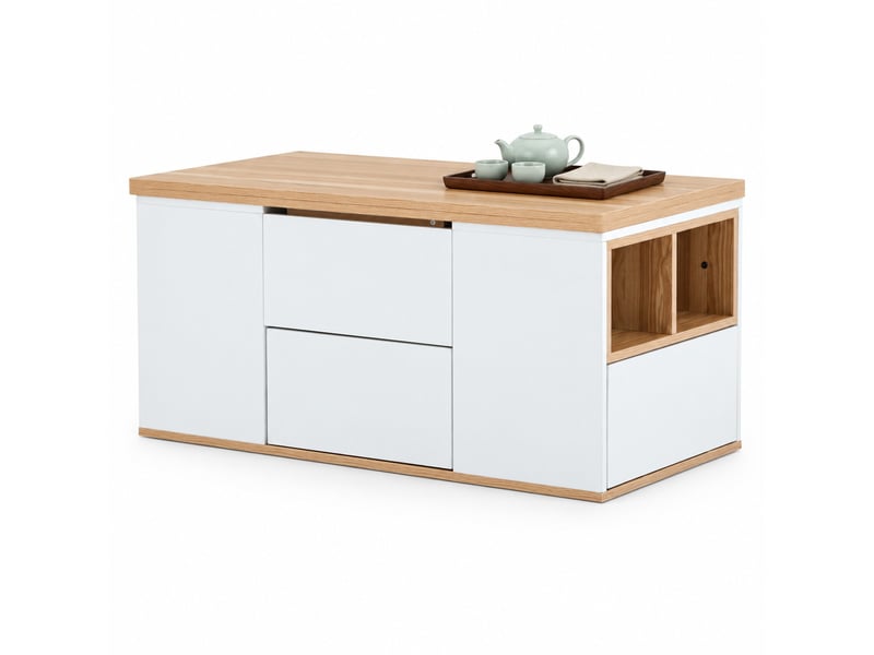  Table basse relevable avec 2 tiroirs, 1 porte et niches ouvertes et plateau modulable 2-en-1, pour salon, blanc 100×51×47 cm  - Conforama A