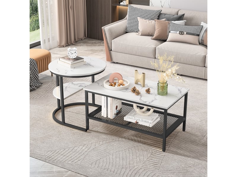 Lot de 2 tables basses gigognes – 80 x 46 x 41 cm – double rangement & pieds métal – effet marbre - blanc et noir - Conforama D