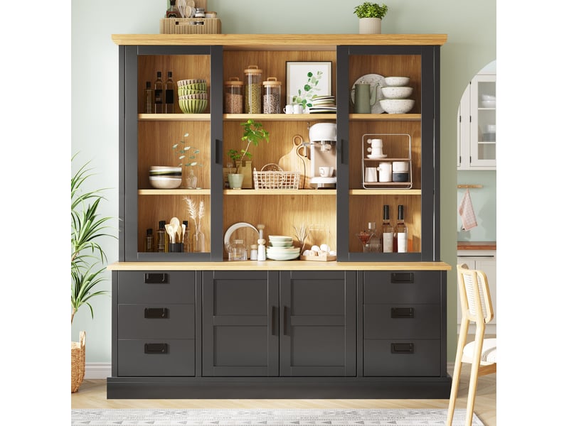  Buffet haut de cuisine 140x40x185 cm, 6 tiroirs, portes vitrées, anti-basculement, mdf, noir  - Conforama D