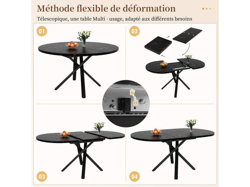  Table extensible ronde effet marbre pour salle à manger en mdf et métal 100(140)×100×75,5 cm noir  - Conforama C